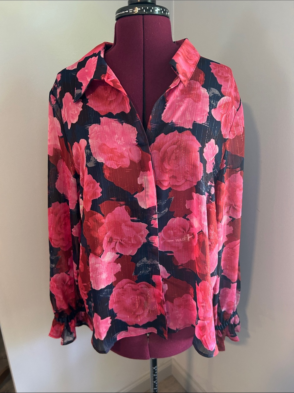 Floral Pink and Black Long-Sleeve Blouse